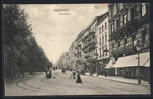 AK Wiesbaden, Rheinstrasse mit Promenade und Geschäften