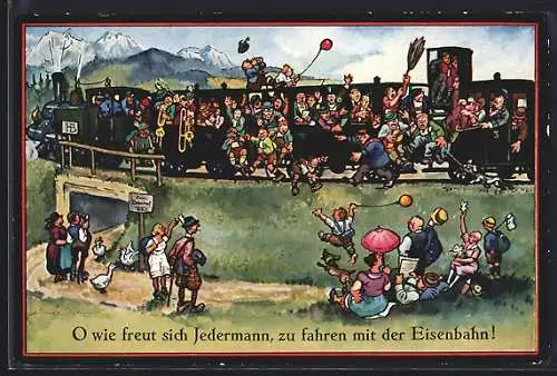 Künstler-AK Hans Boettcher: vollüberladende Eisenbahn mit vielen Menschen