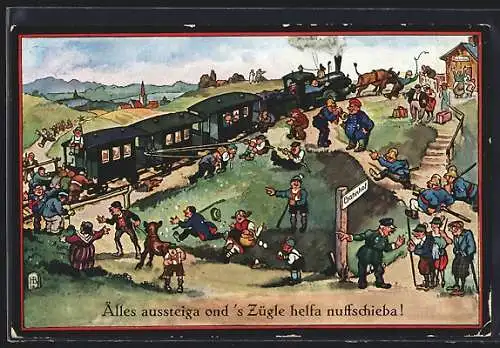 Künstler-AK Hans Boettcher: Älles aussteiga onds Zügle helfa nuffschieba!, gestrandete Eisenbahn