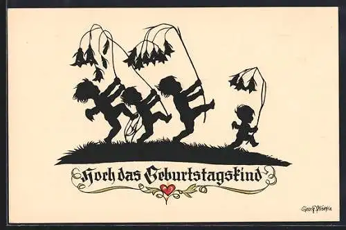 Künstler-AK Georg Plischke: Elfchen mit Glockenblumen, Scherenschnitt, Geburtstagsgruss