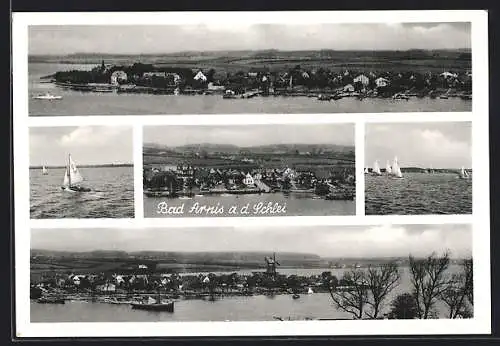 AK Bad Arnis a. d. Schlei, Ortsansicht mit Windmühle u. Segelbooten