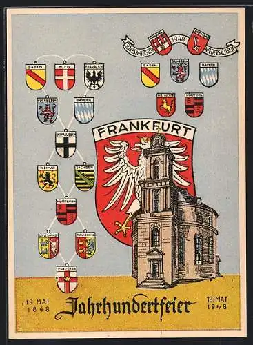 AK Alt-Frankfurt, Frankfurter Wappen, Jahrhundertfeier 18. Mai 1848-1948, Paulus Kirche