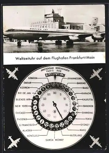 AK Franfurt, Flughafen mit Flugzeug Boeing 707, Weltzeituhr