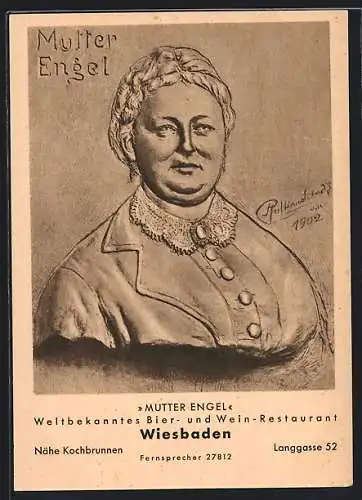 Künstler-AK Wiesbaden, Gasthaus Mutter Engel, Langgasse 52, Portrait Mutter Engel