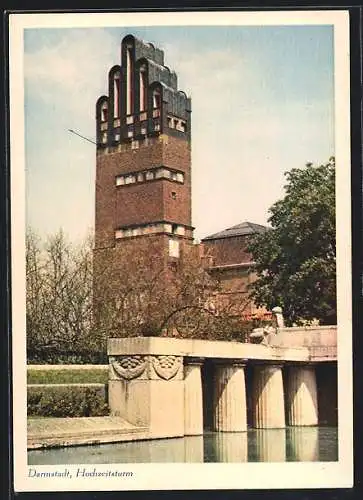 AK Darmstadt, Hochzeitsturm, gesehen von der Brücke aus