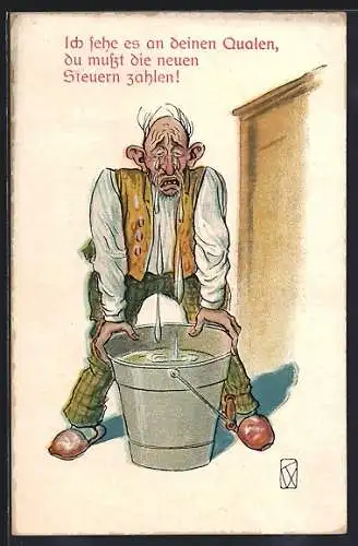 Künstler-AK Prosit Neujahr!, Ich sehe es an deinen Qualen, du mussst die neuen Steuern zahlen!