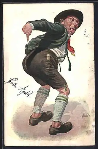 Künstler-AK Mann in Tracht beugt sich vorn über und zeigt auf seinen Po, Scherz