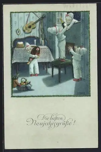 Künstler-AK Pauli Ebner: Kinder mit Sekt in der Neujahrsnacht