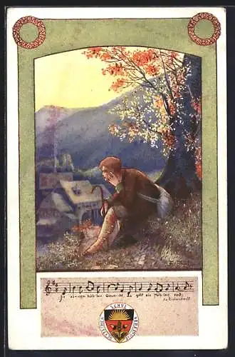 Künstler-AK T.Welzl: Junger Wanderer sitzt an einem Baum, Deutscher Schulverein