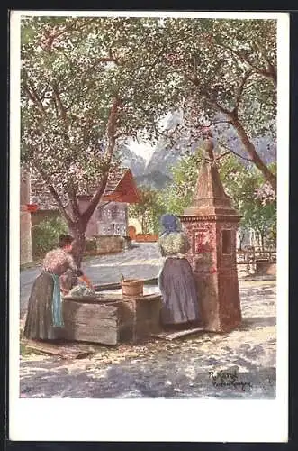 Künstler-AK sign. R. Kargl: Partenkirchen, Waschfrauen am Wasserbrunnen