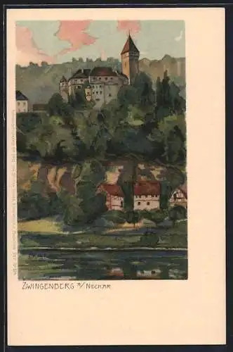 Künstler-AK Gottfried Graf: Zwingenberg a. Neckar, Teilansicht vom Fluss her