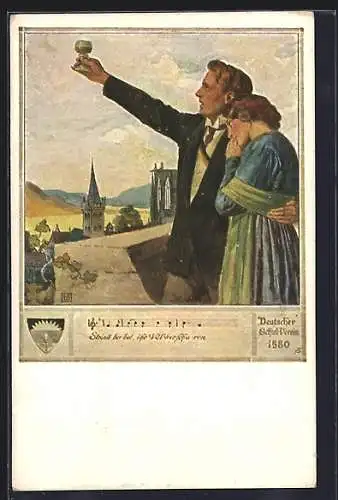 Künstler-AK Karl Friedrich Gsur, Deutscher Schulverein NR 559: Mann erhebt sein Glas, Frau lehnt sich an den Mann