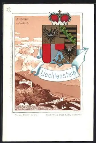 AK Vaduz, Wappen des Fürstentums, Generalansicht mit Blick auf die Berge