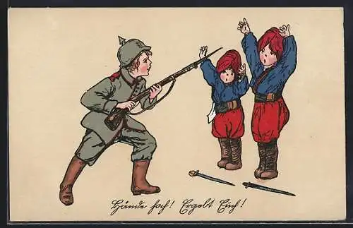 AK Kinder Kriegspropaganda, Hände hoch! Ergebt euch!, Kindersoldat mit Gewehr