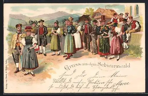 Lithographie Schwarzwald, Bewohner in Schwarzwälder Tracht