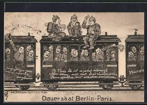 Künstler-AK Willi Scheuermann: Dauerskat Berlin-Paris, Soldaten in der Eisenbahn beim Kartenspiel