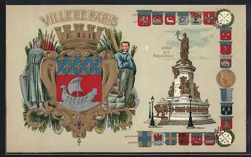 AK Paris III, Ville de Paris, Statue de la Republique, Wappen, Segelschiff