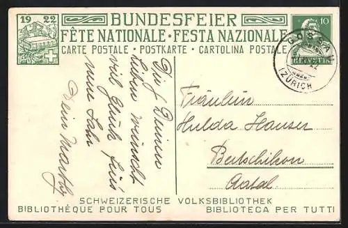 Künstler-AK P. Chiesa: Schweizer Bundesfeier 1922, schweizerische Volksbibliothek