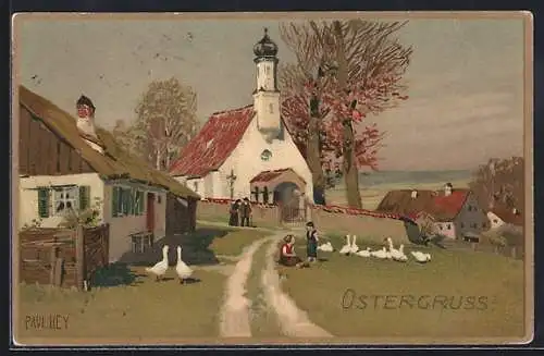 Künstler-Lithographie P. Hey: Bauernhof und Kirche, Gänseliesl hütet ihre Tiere