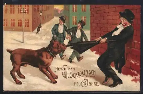 AK A Happy New Year, Hund zerrt am Regenschirm eines Betrunkenen
