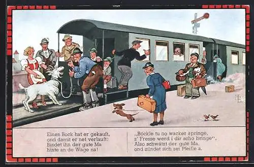 Künstler-AK Hans Boettcher: Einen Bock hat er gekauft..., Lustige Szene Hund und Ziege, Gedicht, Schwäbische Eisenbahn