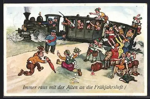 Künstler-AK Immer raus mit der Alten..., Lustige Eisenbahn-Gesellschaft