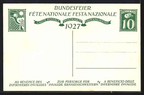 Künstler-AK Schweizer Bundesfeier 1927, Krankenschwester am Krankenbett