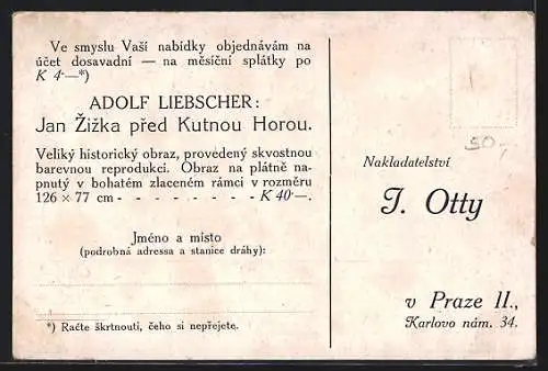 Künstler-AK Adolf Liebscher: Prag, Bilderrahmenbauer J. Otty, Karlovo nám. 34, Jan Zizka pred Kutnou Horou