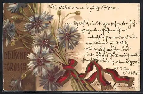 Lithographie Deutscher Gruss, Kornblumen und patriotisches Band