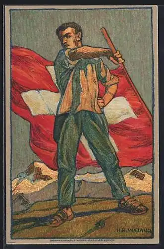 Künstler-AK Schweizer Bundesfeier 1912, Mann mit Flagge im Gebirge