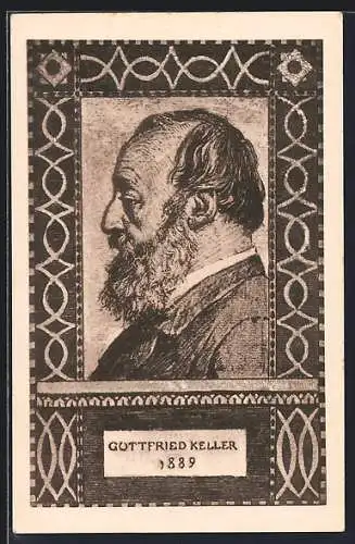 Künstler-AK Schweizer Bundesfeier 1919, Gottfried Keller im Portrait