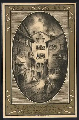 Künstler-AK Gottfried Kellers Geburtshaus zum goldenen Winkel, Schweizer Bundesfeier