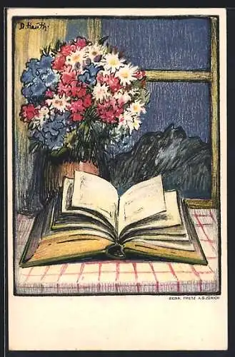 Künstler-AK Schweizer Bundesfeier 1922, Buch auf Tisch mit Blumen