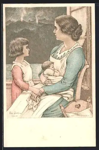 AK Schweizer Bundesfeier 1924, Frau mit Kindern am Fenster schaut auf Feuer in den Bergen