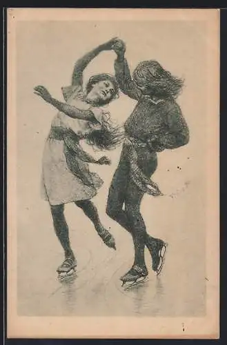 Künstler-AK Fidus: Schlittschuhläufer, Junge und Mädchen auf dem Eis