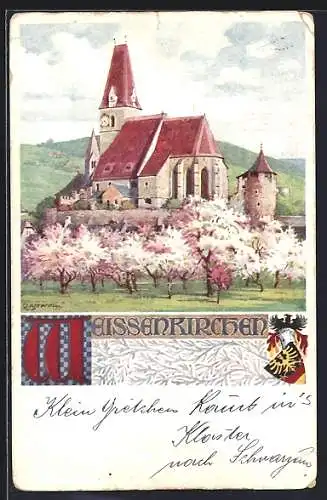 Künstler-AK R. Assmann: Weissenkirchen, Teilansicht, Wappen