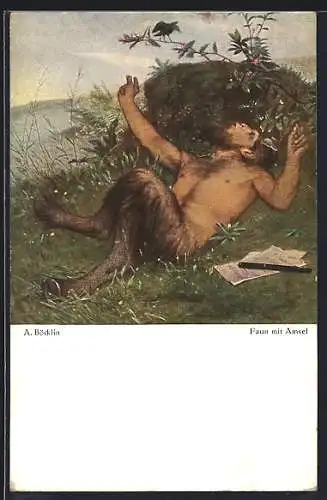 Künstler-AK Arnold Böcklin: Faun mit Amsel, Mann mit Ziegenbeinen