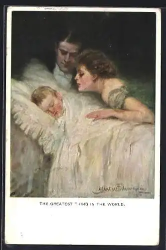 Künstler-AK Clarence F.Underwood: The Greatest Thing in the World, Paar beobachtet ihr schlafendes Kind