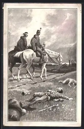 Künstler-AK C. Benesch: Kamerad, reich` mir die Hand!, Reiter auf Schlachtfeld