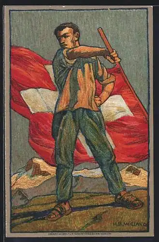 Künstler-AK Schweizer Bundesfeier 1912, Mann mit Flagge im Gebirge