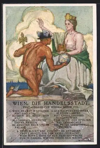 Künstler-AK Wien, Wiener Messe 1921, Nackter Mann mit Globus kniet vor Frau