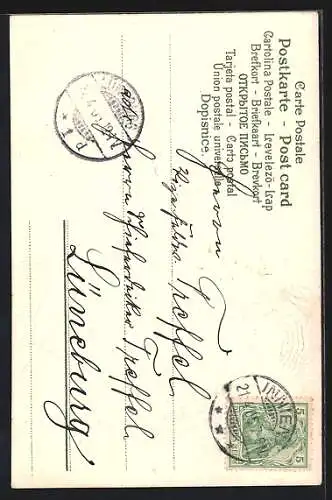 Präge-AK Paar füttert ein Lamm, Ostern