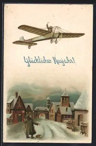 AK Weihnachtsgruss, Flieger im frühen Flugzeug winkt Nachtwächter zu