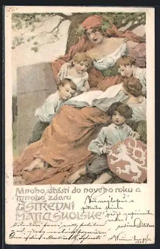 Lithographie Ústredni matici Skolské, Mnoho stesti do nového Roku a mnohu zdaru, Frau und Kinder, Jugendstil