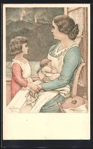 AK Schweizer Bundesfeier 1924, Frau mit Kindern am Fenster schaut auf Feuer in den Bergen