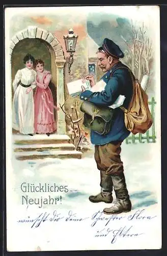 AK Frauen erwarten den schwer beladenen Briefträger