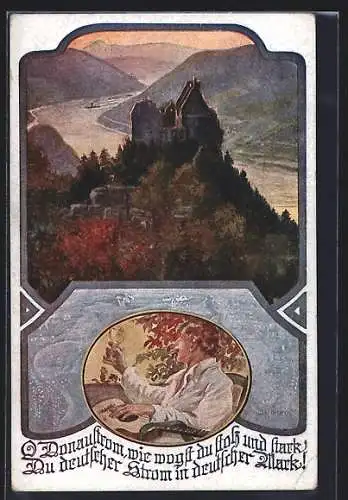 Künstler-AK W. Braun: Deutscher Schulverein Nr. 1051: Burg über der Donau und Weintrinker