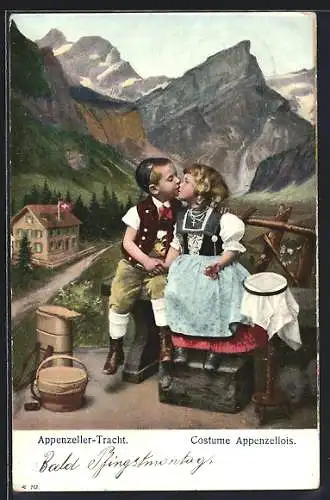 AK Schweiz, Kinder in Appenzeller Tracht küssen sich, Costume Appenzellois