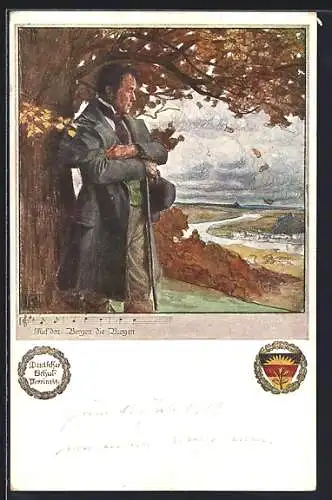 Künstler-AK Karl Friedrich Gsur, Deutscher Schulverein NR. 458: Auf den Bergen die Burgen, Wanderer geniesst die Aussicht