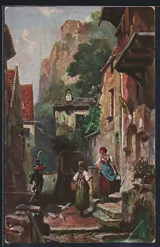 Künstler-AK Carl Spitzweg: Zwei Frauen und eine Husar in einer Gasse